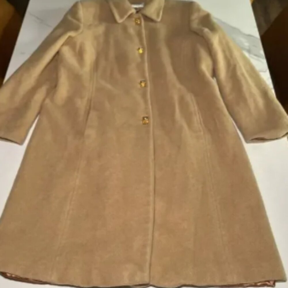 Vintage Talbots 100% Camel Hair Pea Coat Gold Buttons Womens Size 14 Petite USA